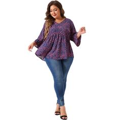 Stay stylish and confident with this trendy plus-size V-neck ruffle sleeve babydoll blouse. The 3/4 length ruffle sleeves add a feminine and elegant touch to your outfit, making you stand out with ease. Dress them up with tailored pants and heels for a sophisticated look, or pair them with jeans and flats for a more casual ensemble. Create your unique style with these versatile pieces. Crafted from 100% rayon, these blouses prioritize comfort and breathability. Feel great all day long, knowing y Babydoll Blouse, Jeans And Flats, Chiffon Shorts, Flowy Blouse, Outfit Making, Flounce Sleeve, Hem Style, Tailored Pants, Neck Ruffle