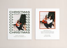 two christmas cards with the words merry christmas and an image of a woman sitting in front of a christmas tree