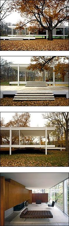 four different views of the outside of a building with trees and benches in front of it