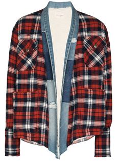 red/blue cotton plaid check pattern distressed finish sherpa lining open front long sleeves two chest flap pockets two front patch pockets Denim Cardigan, Cardigan Jeans, Knitwear Men, Knitwear Cardigan, Winter Clothes, Check Pattern, Plaid Flannel, Women's Plaid Shirt