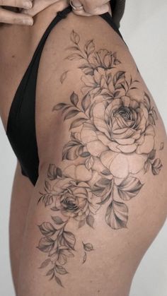 Hip Floral Tattoos Women, Floral Hip Tattoos Women, Peony Thigh Tattoo, Floral Thigh Tattoos Women, Peony Hip Tattoo, Thigh Tattoos Women Flowers, Roses Thigh Tattoo, Hip And Thigh Tattoos Women, Feminine Hip Tattoos