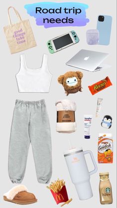 a bunch of items that are on top of a white background with the words road trip needs