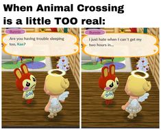 an animal crossing game with two screens showing the same character in different scenes, one is talking