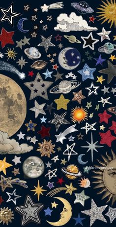 an image of many different stars and moon designs on a dark blue background with white clouds