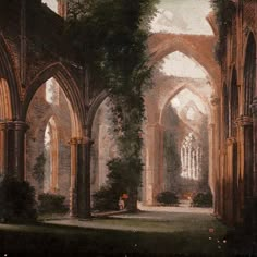 a painting of an old building with ivy growing on the walls and arches in it