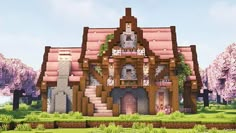 Cottages Minecraft Houses, Pink Survival House Minecraft, Bamboo Wood Minecraft, White And Purple Minecraft House, Pink And Brown Minecraft House, Pink Cafe Minecraft, Minecraft Villagers House Ideas, Cute Large Minecraft Houses, Kawaii Mc Builds