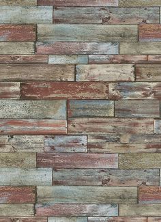 Wood Wallpaper in Multi design by BD Wall Wallpaper Western, Wooden Wallpaper, Wood Effect Wallpaper, Painting Wood Paneling, Blue Panels, Feature Wallpaper, Into The Wood, Peeling Paint, Brick Wallpaper