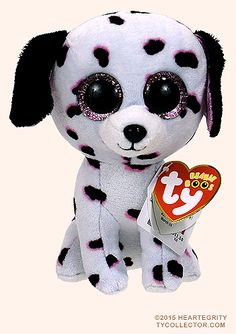 a white stuffed dog with black spots on it's face and eyes, holding a candy bar