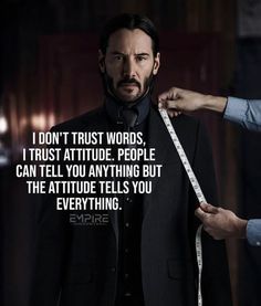 a man in a suit is measuring his waist with a tape and the words don't trust words, i trust attitude people can tell anything but the attitude tells you everything