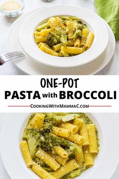 one - pot pasta with broccoli in a white bowl and another photo of the same dish