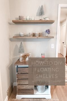 the shelves in this living room are filled with floating shelves