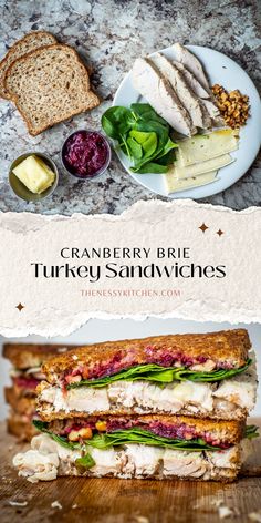 the cranberry brie turkey sandwich is cut in half and served on a plate