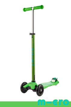 the green scooter has two wheels on it