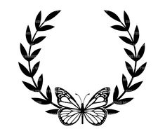 a black and white image of a butterfly with leaves around it's wings in the shape of a wreath