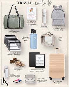 travel essentials on a white background with the words, what's in your bag?