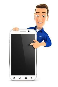 a cartoon man holding up a smart phone