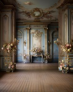 an ornate room with blue walls and floral arrangements on the wall, along with wooden flooring