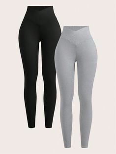 2pcs Women Yoga V-Neck Pants, High Waist Criss-Cross Fitness Sports Leggings Black and White Casual   Knitted Fabric Plain Regular High Stretch  Women Clothing, size features are:Bust: ,Length: ,Sleeve Length: Cross Leggings, Criss Cross Leggings, Sports Leggings Black, Rave Festival Outfits, Shein Pants, Cute Leggings, Legging Sport, Women Leggings, Women Yoga