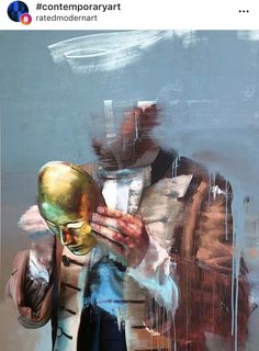 a painting of a man holding a football helmet