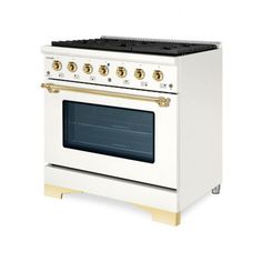 a white stove top oven sitting on top of a wooden stand with two burners