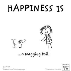 a cartoon drawing of a person and a dog with the words happiness is wagging tail