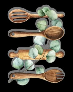 three wooden utensils with green leaves on them