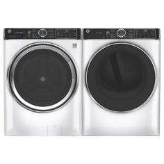 the front load washer and dryer are shown in this image, both side by side