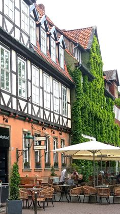 people sitting at tables in front of an old building with ivy growing up the side