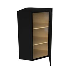 an empty black cabinet with two shelves on each side