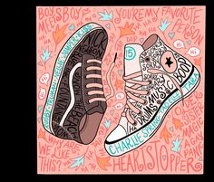 two shoes are shown on a pink background with words all over the place and below them