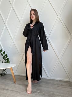 Welcome to my store https://www.etsy.com/shop/LaceForYouLingerie ❤️ An elegant long satin robe is the perfect outfit for home, for the bride's morning, for a photo shoot, or just to feel like a queen every day ! You can choose any of the possible colors. The robe is carefully and neatly, with love, sewn individually for each order. The default robe length is 130cm. But if you want to shorten or lengthen it within 10cm, just write to us about it. Material - light, delicate, flowing satin. SIZE✂️ Long Satin Robe For Loungewear, Elegant Long Sleeve Evening Sleepwear, Elegant Black Long Sleeve Sleepwear, Long Sleeve Satin Sleepwear, Black Long Sleeve Sleepwear For Evening, Elegant Long Sleeve Nightgown For Loungewear, Long Satin Robe For Sleep, Long Satin Sleep Robe, Black Long Sleeve Party Sleepwear