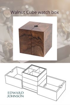 the walnut cube watch box is shown with its lid open and two drawers below it