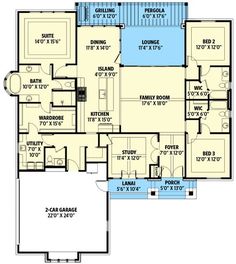 this is the first floor plan for a house with three bedroom and an attached garage