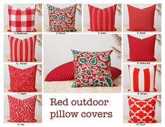 red outdoor pillow covers with different patterns and colors for the pillows on the couch or bed