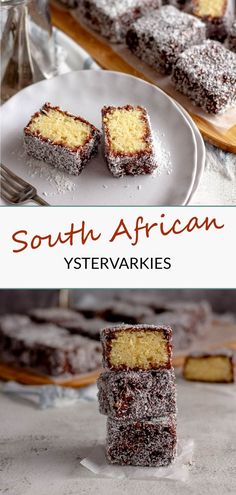 some desserts are stacked on top of each other with the words south african ystervarries