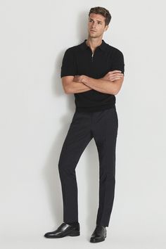 The Maxwell short-sleeved polo in black is knitted to a slim fit and finished with a zip-neck detail, nodding to the preppy styles of the Fifties. Style it with a pair of tailored trousers, sneakers and finish with a bomber jacket for a relaxed retro vibe. Hand wash only. 100% Wool. Black Polo Outfit Men, Black Polo Outfit, Trousers Outfit Men, Polo Outfit Men, Black Sneakers Outfit, Fifties Style, Mens Work Outfits, Sneakers Outfit Men, Polo Outfit