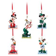 mickey mouse christmas ornament ornaments hanging from red ribbon on white background, set of 4