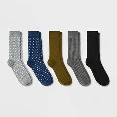 Update your accessory collection with this 5-Pack New Ribbed Dots Dress Socks from Goodfellow & Co™. This set of five pairs of dress crew socks features two with a dotted pattern and three in a ribbed pattern with a solid hue, providing a fun combination you're sure to appreciate. Both pairs are made from lightweight fabric with added spandex for comfortable wear, while the neat ribbed trim offers a secure fit. Cut in a comfortable crew length, these socks are the perfect height to be worn with Dots Dress, Sock Crafts, Socks Men, Textured Dress, Sock Shop, Dress Socks, Christmas 2024, Black 7, Socks And Hosiery