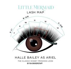 Lash map of Halle Bailey's little mermaid created by RIA BIGGERSTAFF. Mermaid Eyelash Extensions, Halle Bailey Lashes, Mermaid Lash Extensions, Spa Vision, Eye Mapping, Lashes Mapping, Eyelash Extensions Classic, Lash Tricks