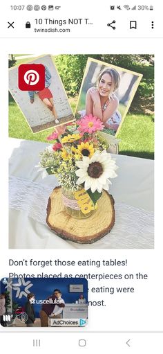 an instagram page with flowers and photos on it, including the words 8 old photos as table centerpieces