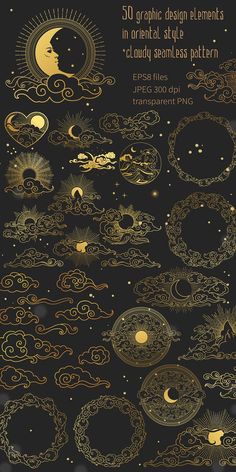 the golden moon and stars are in the night sky with clouds, sun and crescents