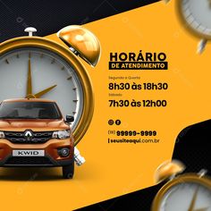 an advertisement for a car show with a clock in the shape of a watch face