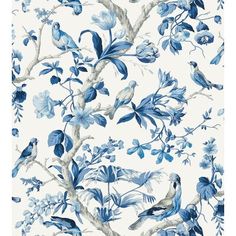 a blue and white floral wallpaper with birds on the branches, flowers and leaves