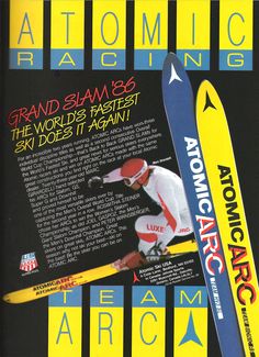 an advertisement for atomic racing featuring a man holding a bat and wearing a baseball uniform