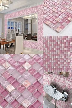 pink and white tiles are in the middle of a dining room with chandelier