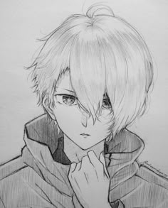 a pencil drawing of an anime character with his hand on his chin and looking at the camera