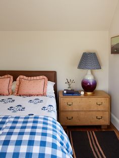 a blue and white checkered bedspread on a bed with two nightstands