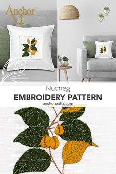 the embroidery pattern for this pillow is made with leaves and berries, which are also embroidered on