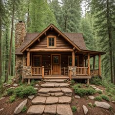 a log cabin in the woods with stone steps leading to the front door and porch