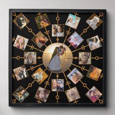 a photo collage with many different pictures in the center and on the wall, there is a black frame that has gold chains around it